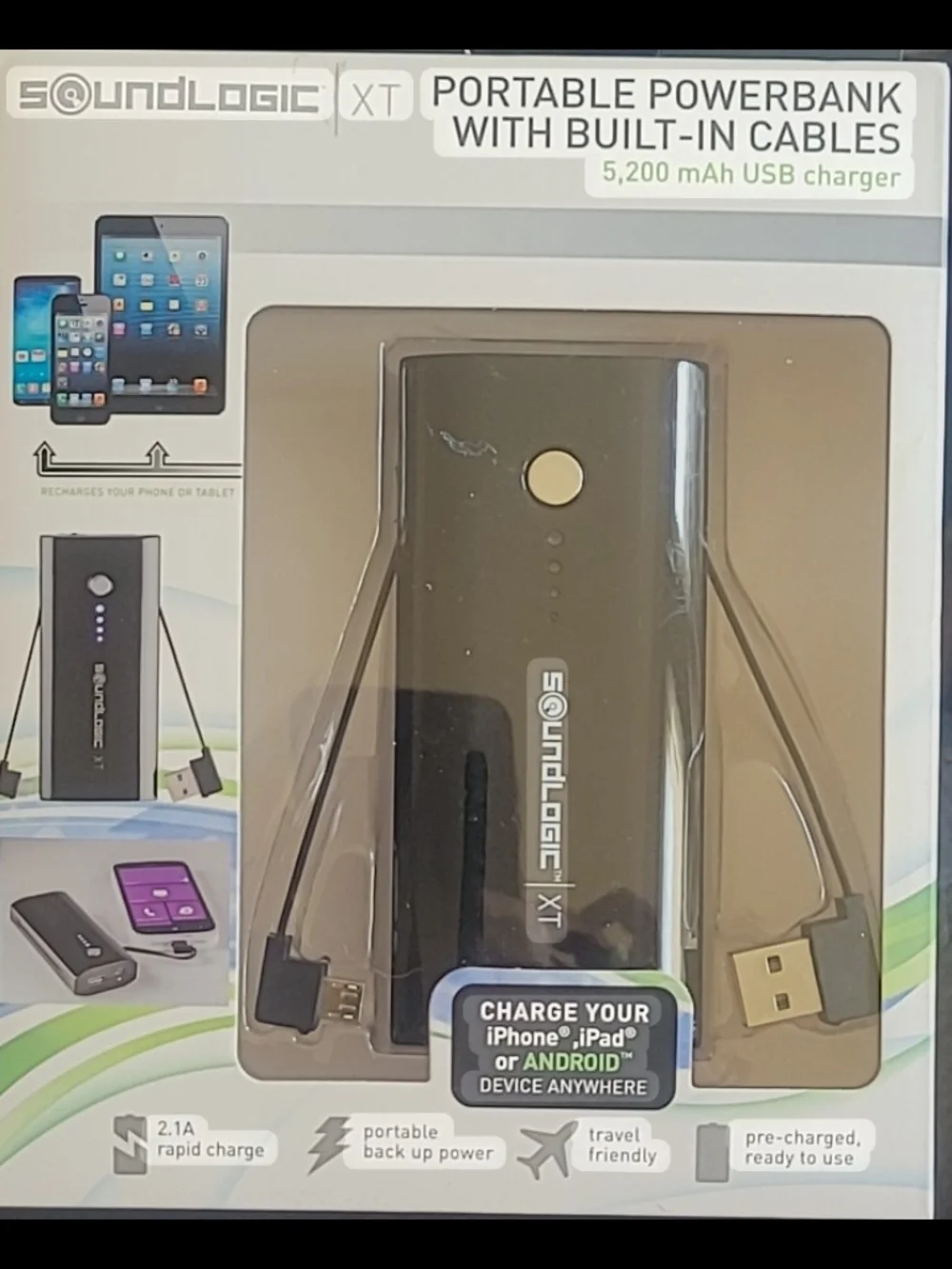 SoundLogic XT Portable Powerbank with Built-In Cables features a 5,200 mAh